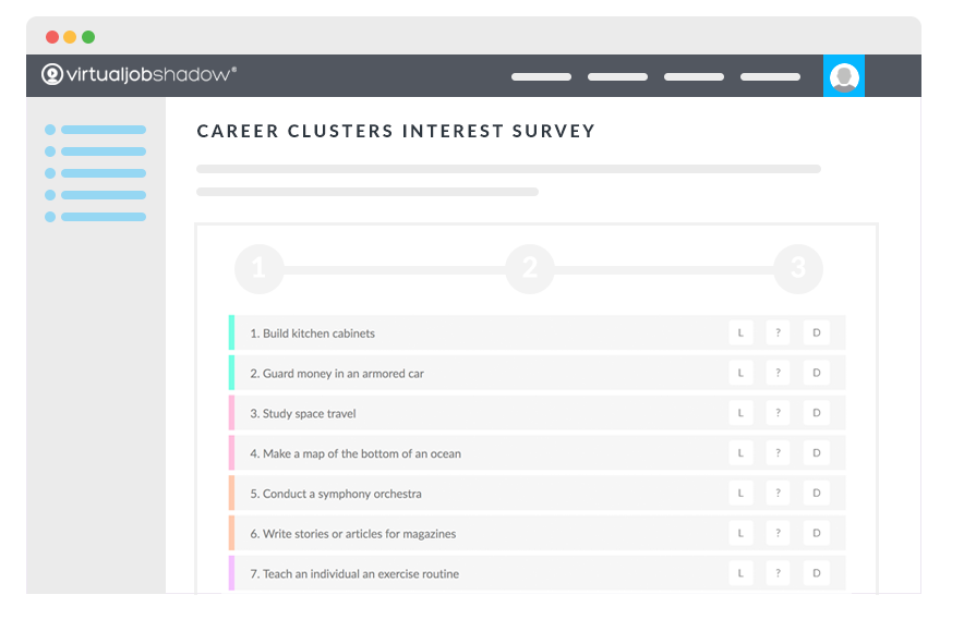 Illustration depicting the virtualjobshadow.com’s career and interest assessments tool and career exploration platform.