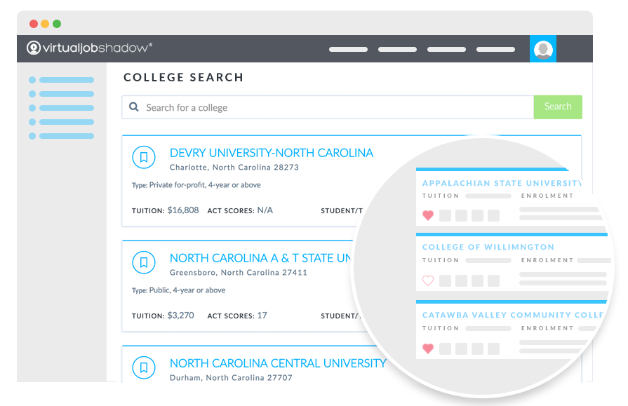 Illustration depicting the virtualjobshadow.com’s job and college search tool and career exploration platform.