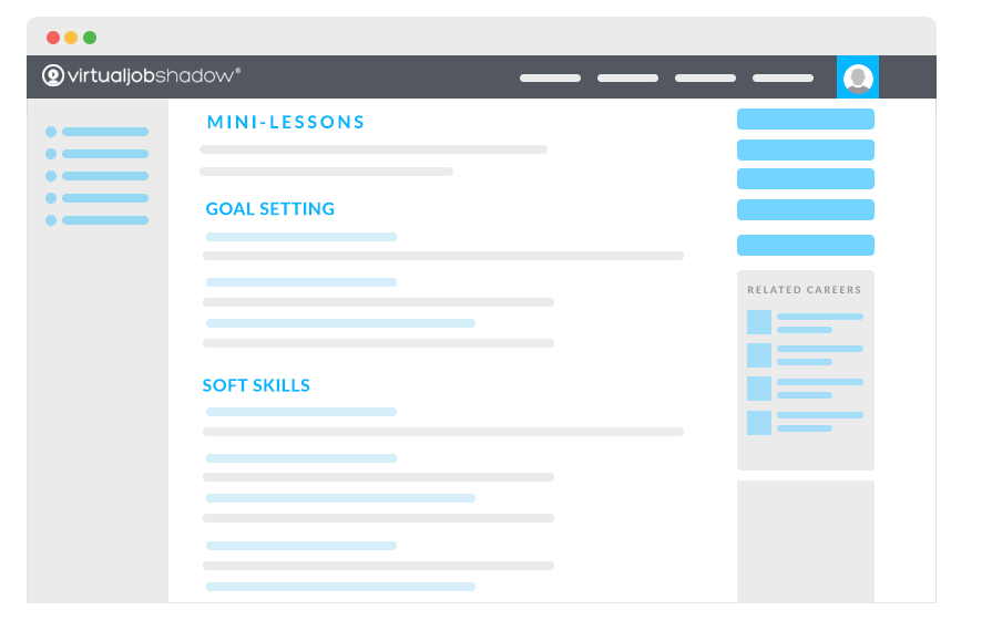 Illustration depicting the virtualjobshadow.com’s curriculum and lesson plans tool and career exploration platform.